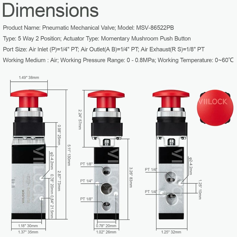 VIILOCK Pneumatic Mechanical Valve, 1/4” NPT 5 Way 2 Position Momentary Push Button Manual Control Air Valve MSV-86522PB - Image 4